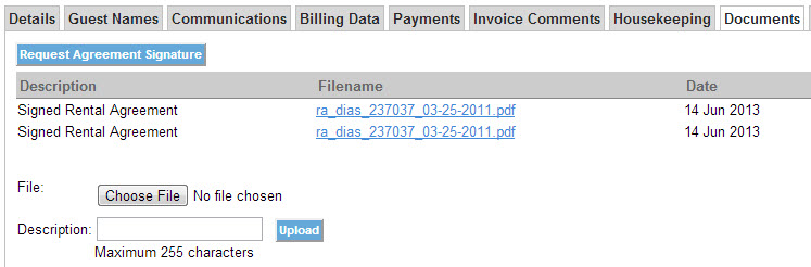 This screenshot shows the signed rental agreements stored in the documents tab for each invoice (hyperlinked to PDF of signed rental agreement).  